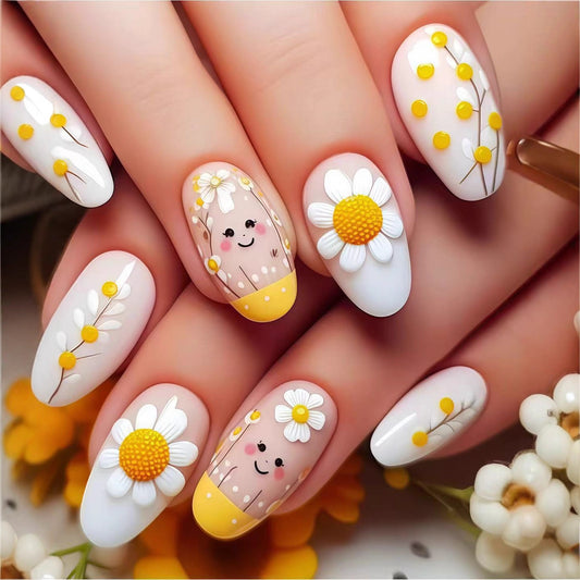 Sunshine Garden Short Oval White and Yellow Floral Design Press-On Nail Set