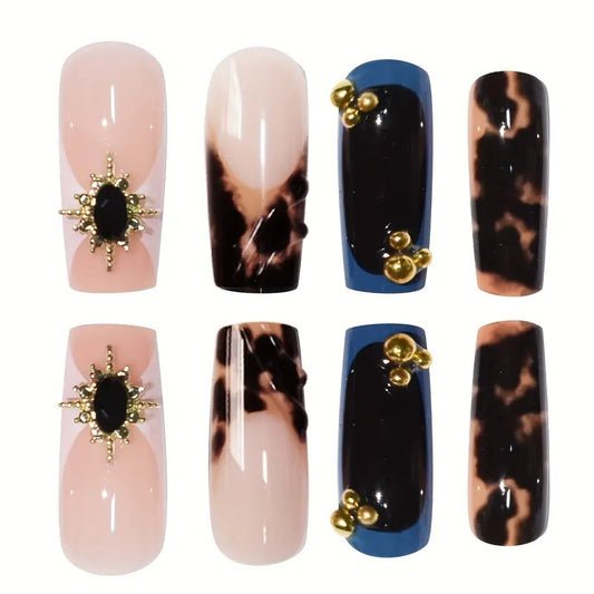 Glamorous Elegance Long Square Soft Pink and Black Marble with Stunning Gem Accents Nail Set