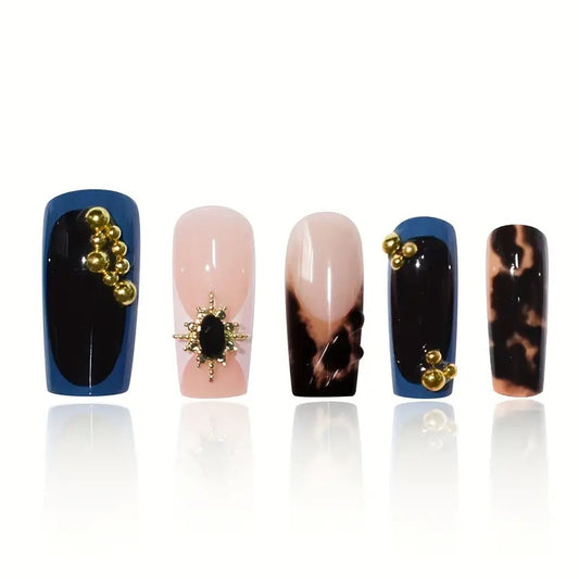 Gothic Glamour  Medium Square Dark Blue and Black with Gold Accents Press On Nail Set
