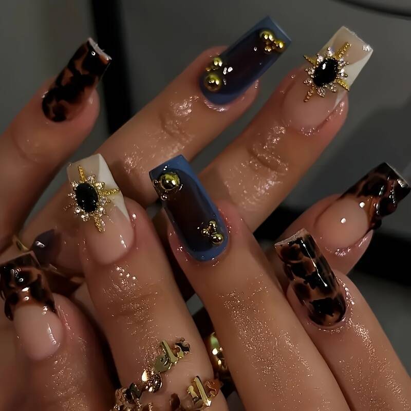 Glamorous Odyssey Medium Square Multi-Colored Faux Gems and Elegant Animal Print Press On Nails Set