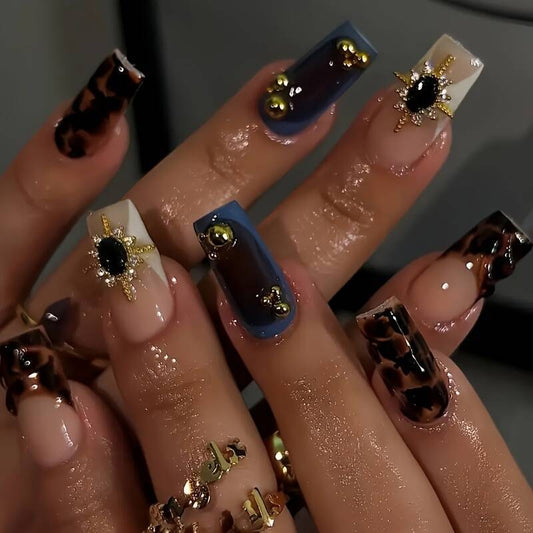 Glamorous Odyssey Medium Square Multi-Colored Faux Gems and Elegant Animal Print Press On Nails Set