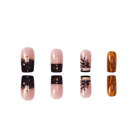 Autumn Glow Short Square Blush Black and Gold Glitter Nail Set