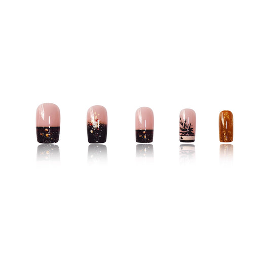 Enchanted Forest Glamour Short Square Soft Pink and Black with Glittering Accents Press On Nail Set