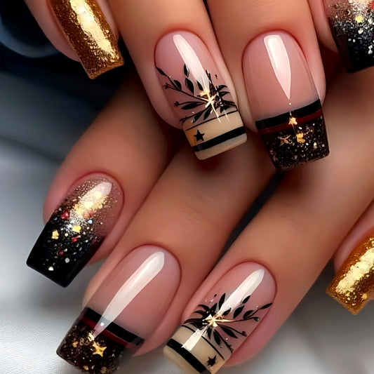 Glamorous Evening Bliss Short Square Golden Glitter with Star Accent Press-On Nail Set
