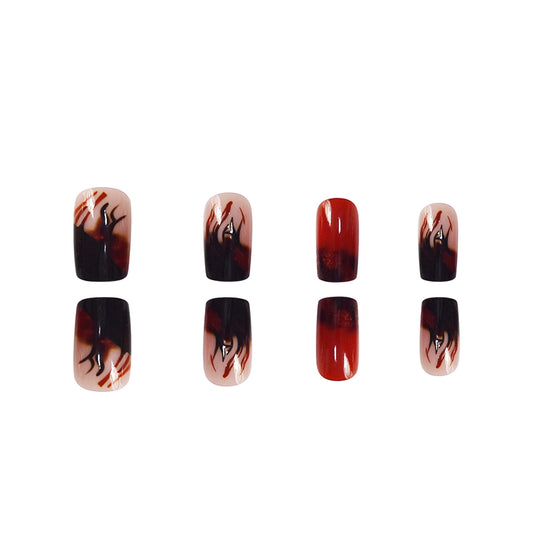 Mystical Autumn Short Square Red and Black Ombre Nail Set with Artistic Details