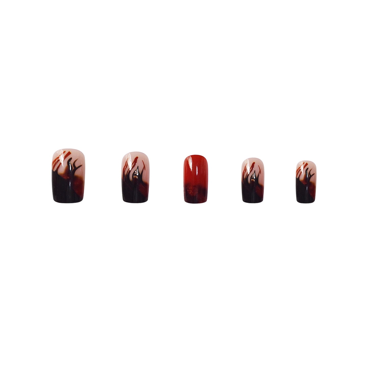 Gothic Elegance Short Square Red and Black Ombre Floral Design Press On Nail Set