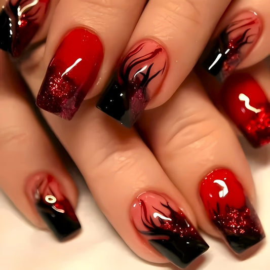 Mystical Fire Short Square Red and Black Ombre Press-On Nail Set with Glitter Accents