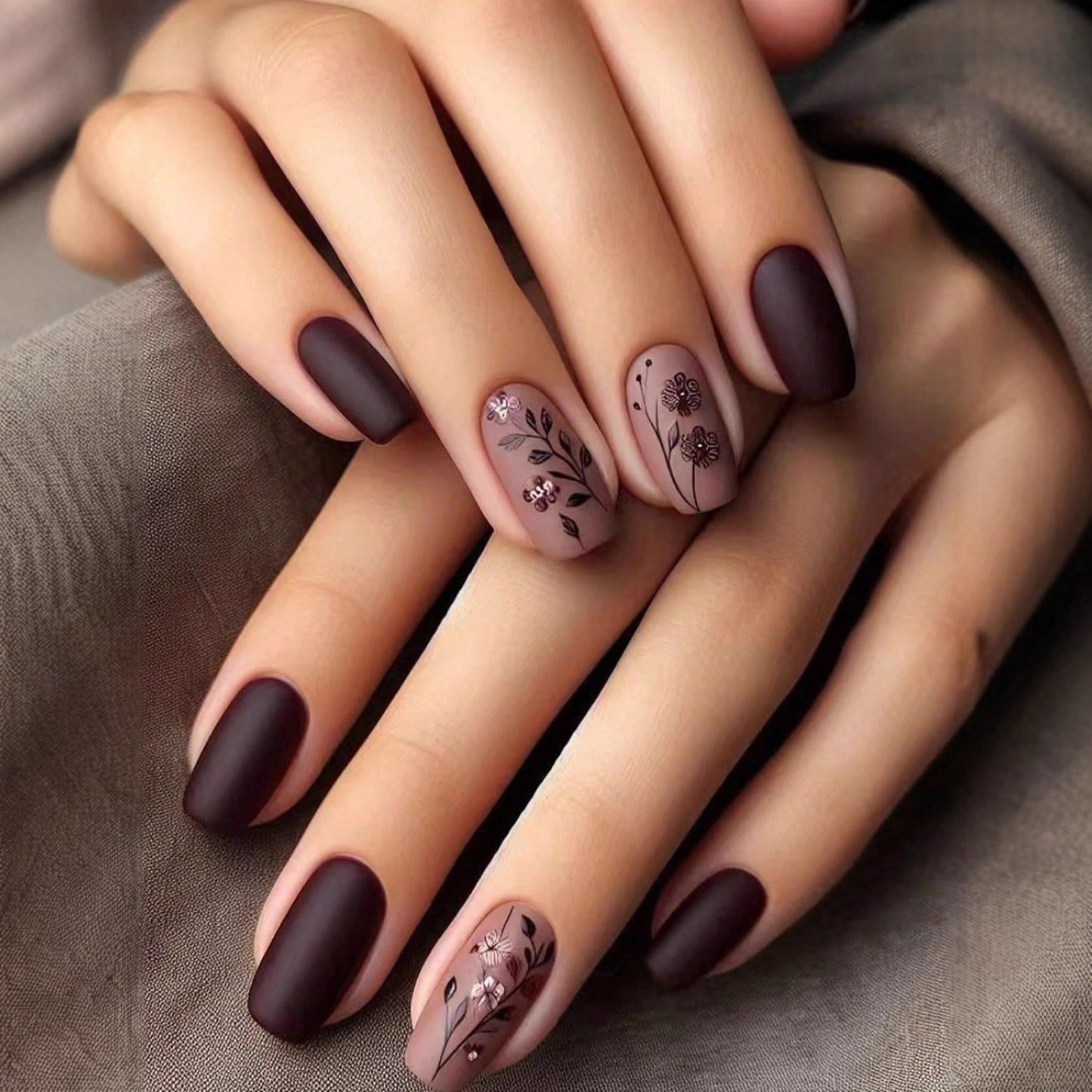 Botanical Elegance Short Square Matte Burgundy Nail Set with Floral Accent Design