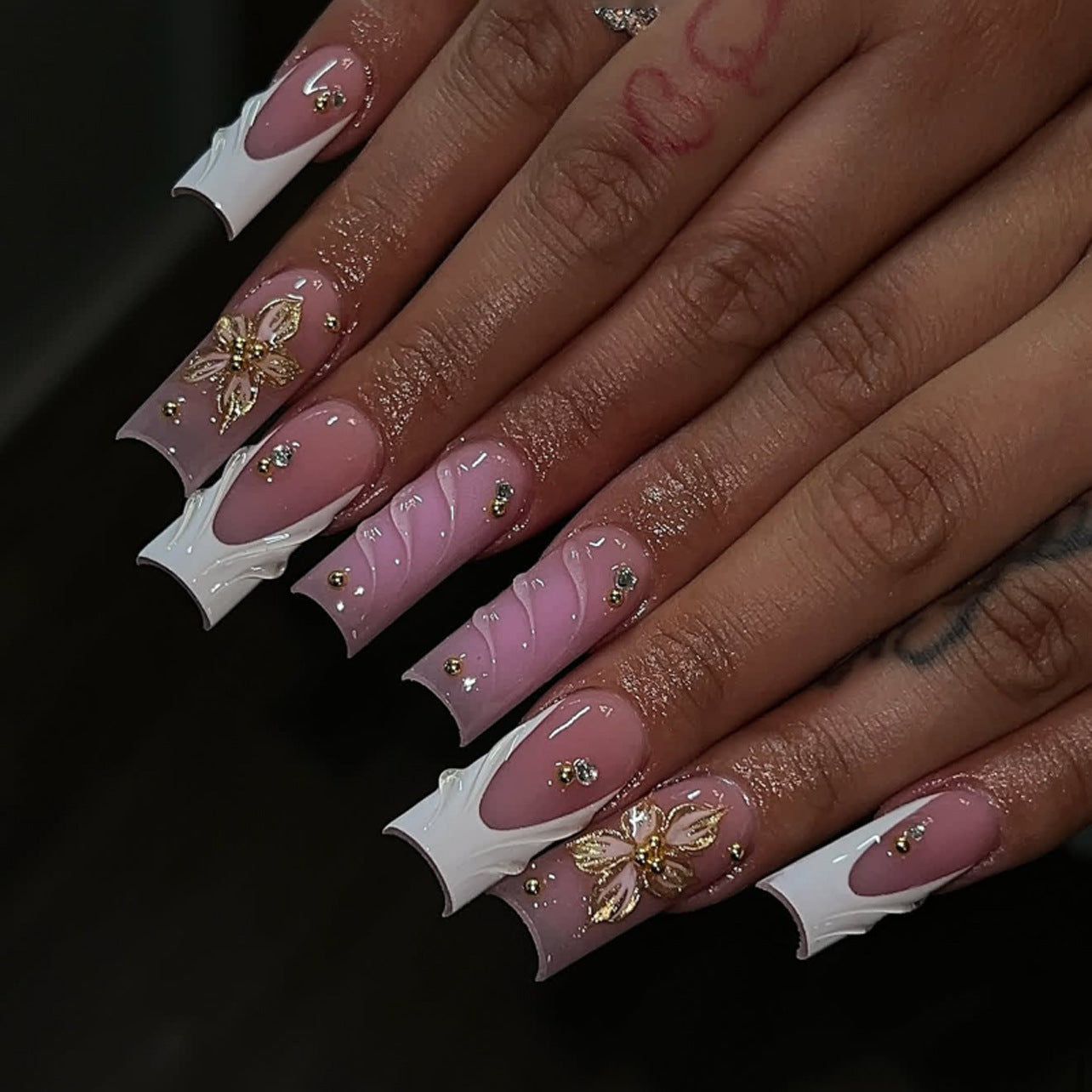 Charming Floral Fantasy Long Square Pink and White Press-On Nail Set with Elegant 3D Floral Accents and Glittering Rhinestones