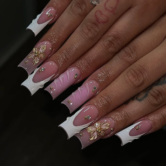 Charming Floral Fantasy Long Square Pink and White Press-On Nail Set with Elegant 3D Floral Accents and Glittering Rhinestones