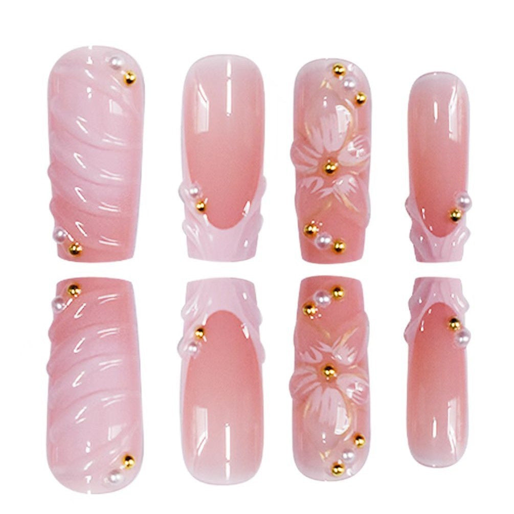 Cherry Blossom Elegance Long Square Pink with Floral Embellishments and Pearl Accents Press on Nail Set