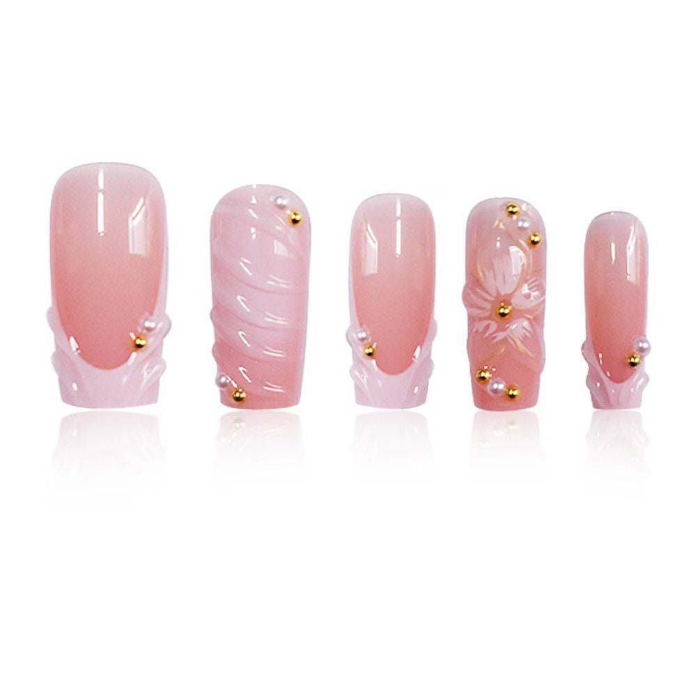 Blossom Elegance Long Square Pink Almond Press On Nail Set with Charming Floral Accents and Elegant Pearls