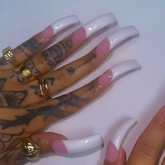 Glamorous Fairytale Extra Long Square Shaped Pink and White Press On Nail Set with High Gloss Finish
