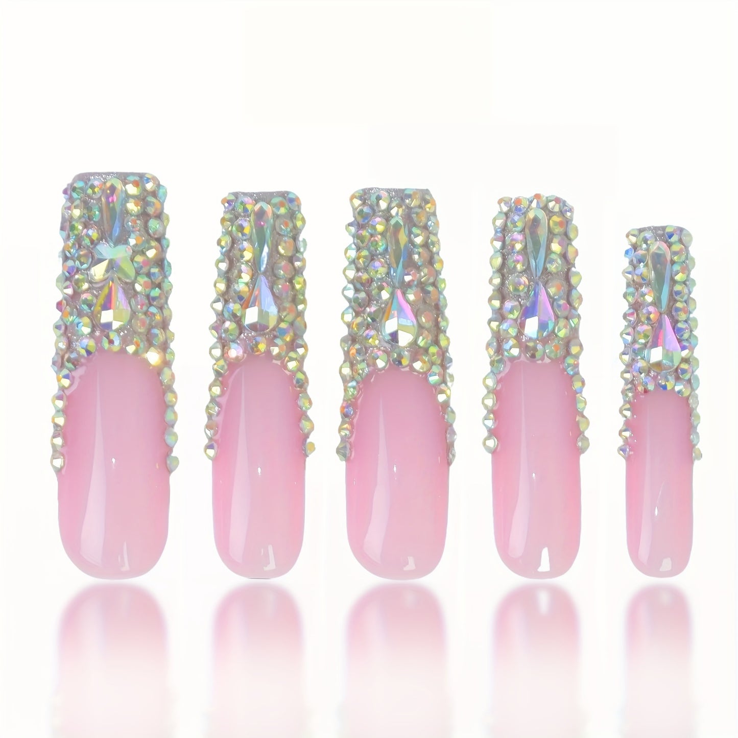 Glamorous Elegance Long Square Shaped Pink Press on Nail Set with Dazzling Rhinestone Accents