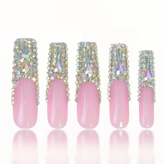 Glamorous Elegance Long Square Shaped Pink Press on Nail Set with Dazzling Rhinestone Accents