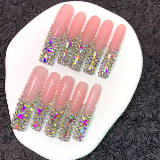 Glamorous Fantasy Long Square Pink Nails with Iridescent Rhinestone Accents