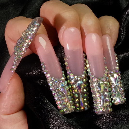 Glamorous Dreamy Pink Long Square Nail Set with Dazzling Rhinestone Accents