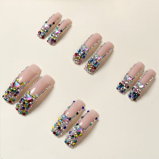 Enchanted Elegance Long Square Beige with Colorful Rhinestone Accent Press On Nail Set