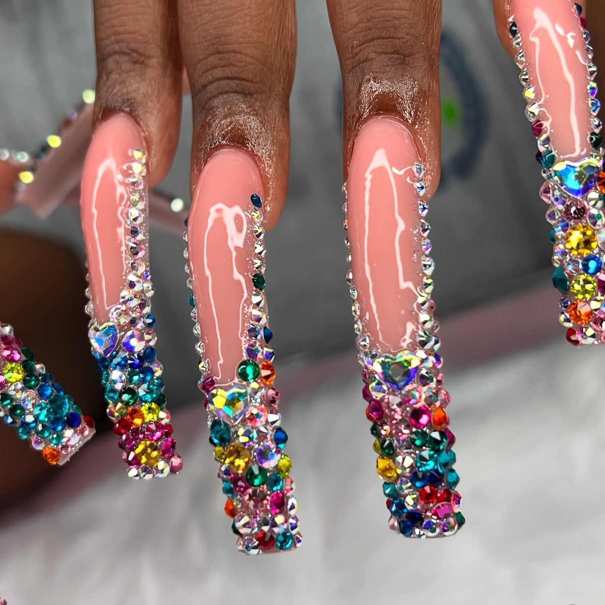 Glamorous Vivid Long Square Pink Press On Nail Set with Sparkling Gemstone Accents