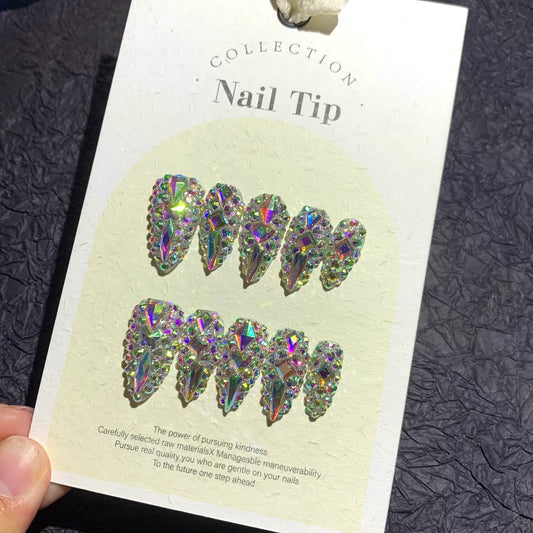 Celestial Glamour Iridescent Medium Almond Press On Nail Set in Long Shape with a Sparkling Finish