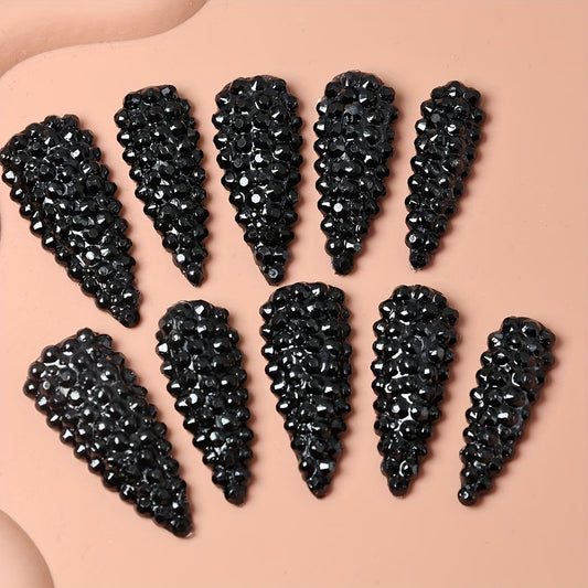 Gothic Glamour Medium Almond Black Press On Nail Set with Sparkling Textured Finish