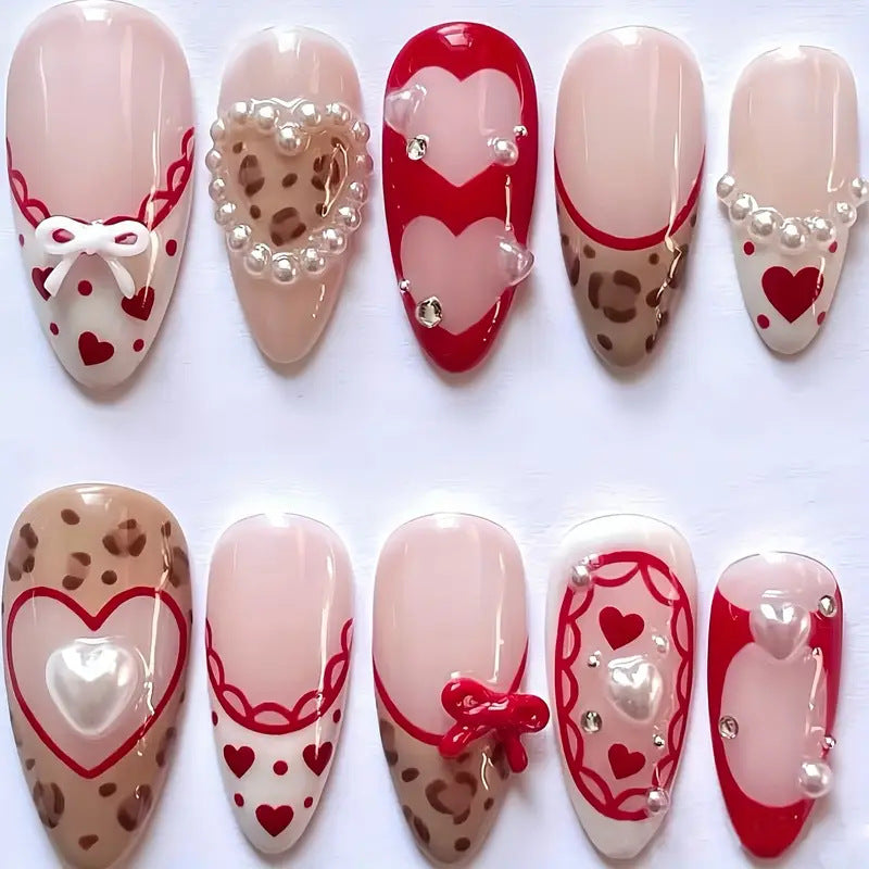 Romantic Heartfelt Elegance Red Medium Almond Shaped Long Press On Nail Set with Pearl and Heart Accents
