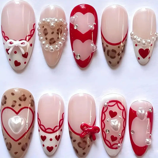 Romantic Heartfelt Elegance Red Medium Almond Shaped Long Press On Nail Set with Pearl and Heart Accents