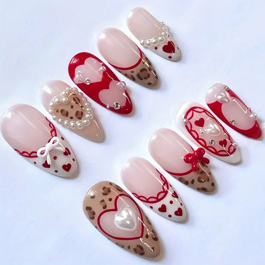 Romantic Heartfelt Medium Almond Shaped Blush and Red Press-On Nail Set with Charming Beaded Accents