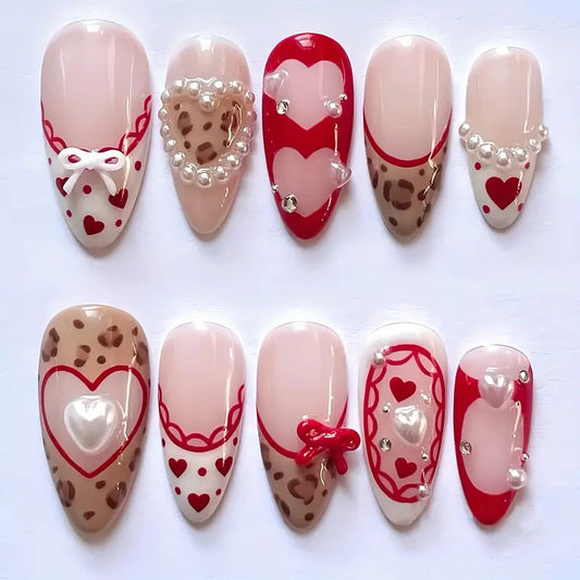 Sweetheart Delight Long Medium Almond Red and Beige with Heart Accents and Pearl Embellishments Press On Nail Set