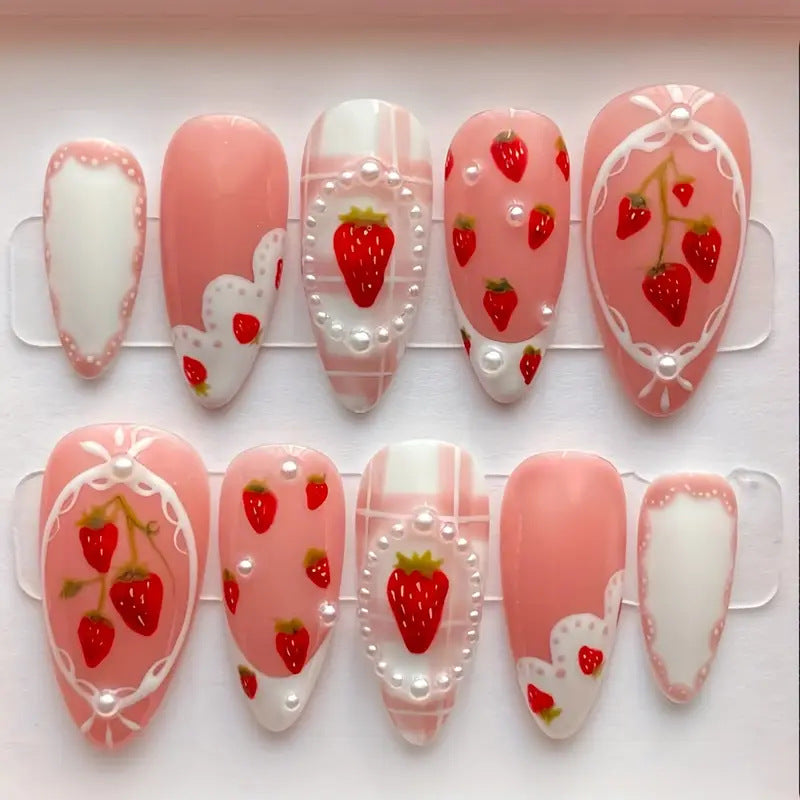 Berry Bliss Dreamy Medium Almond Shaped Pink Strawberry Themed Press-On Nail Set with Pearls