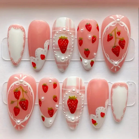 Berry Bliss Dreamy Medium Almond Shaped Pink Strawberry Themed Press-On Nail Set with Pearls