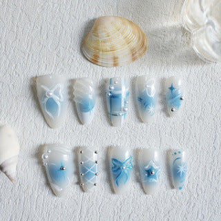 Dreamy Ocean Vibes Long Almond Light Blue Press On Nail Set with Glitter and Gem Accents
