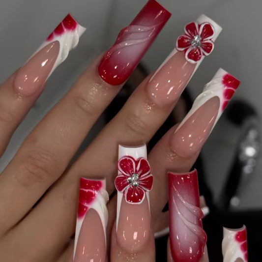 Charming Floral Fantasy Long Square Red Ombre Nails with Elegant Flower Accents