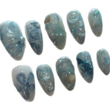 Mystical Ocean Vibes Long Almond Shaped Aqua Press-On Nail Set with Intricate Floral and Gemstone Accents