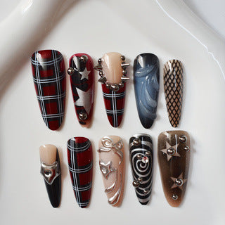 Rock Glamorous Long Coffin Shaped Red and Black Multi-Patterned Press On Nail Set with Bold Studded Accents