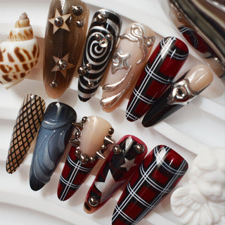 Glamorous Elegance Long Almond Burgundy and Black Plaid Press On Nail Set with Unique Studded Accents