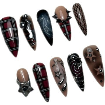 Gothic Elegance Long Almond Burgundy and Black Nail Set with Unique Star and Moon Accents