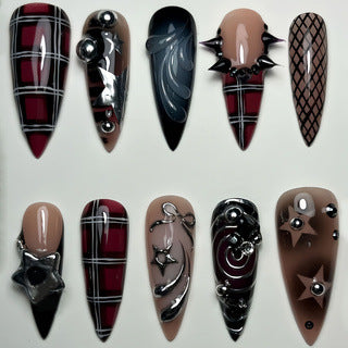 Gothic Elegance Long Stiletto Shaped Black and Red Press On Nail Set with Unique Three Dimensional Designs