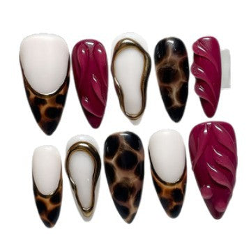 Wild Safari Glamorous Long Almond Burgundy and Tortoiseshell Textured Press on Nail Set