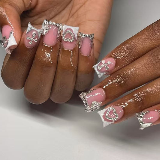 Glamorous Elegance Medium Square Pink With Silver Embellishments Press On Nail Set