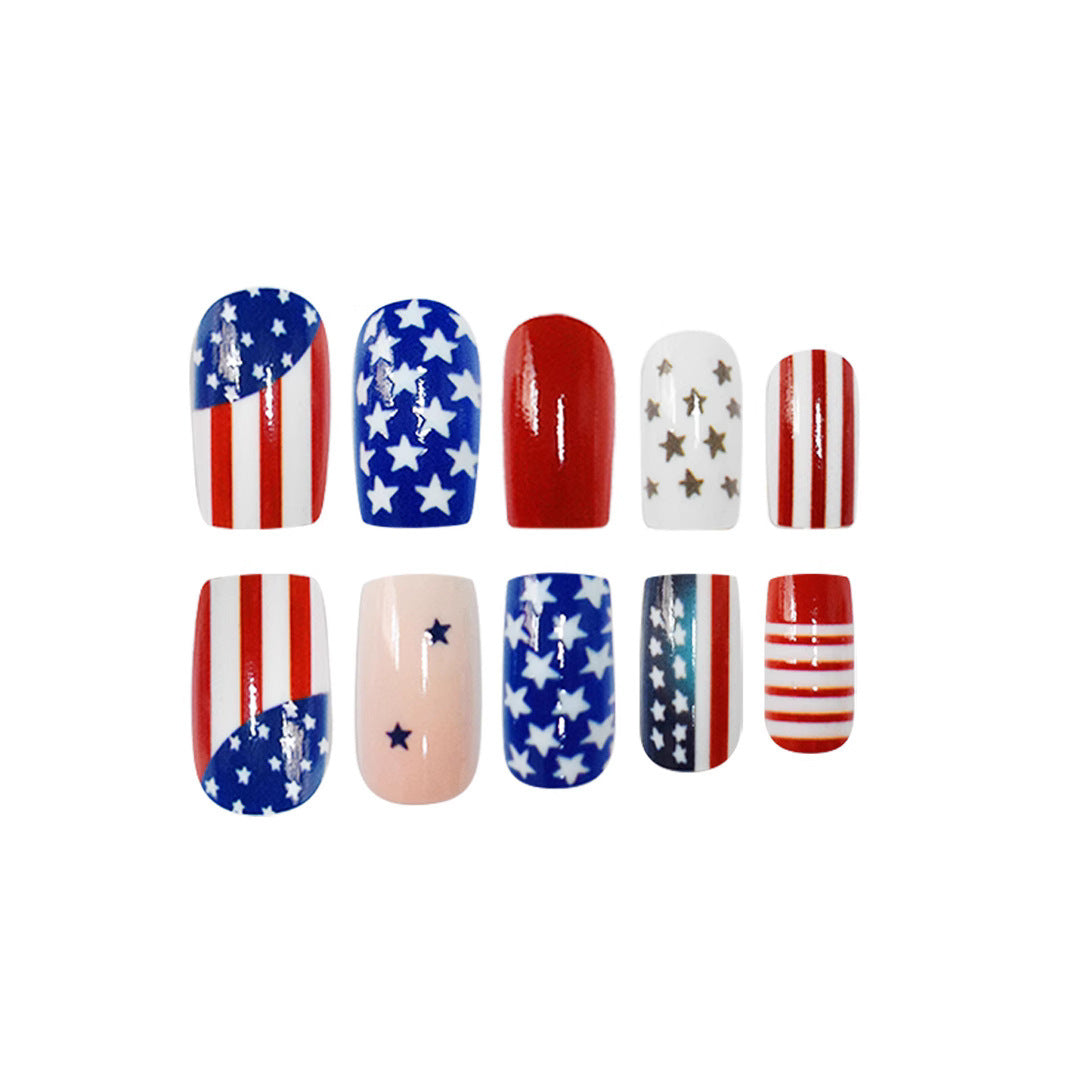 Patriotic Glamour Medium Square Red White and Blue with Striking Star Accents Press On Nail Set