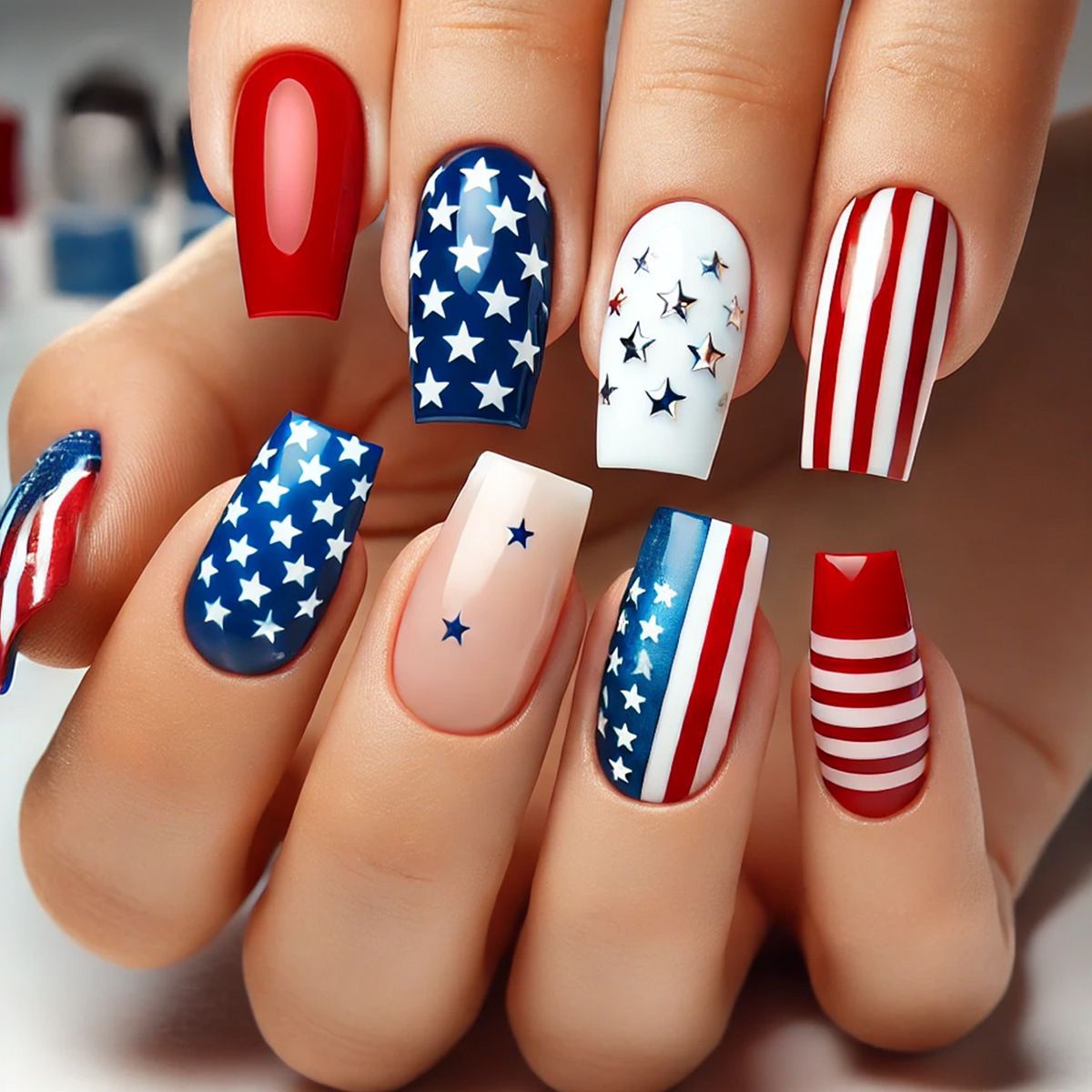 Patriotic Celebration Medium Square Red and Blue with Star Patterns Press On Nail Set
