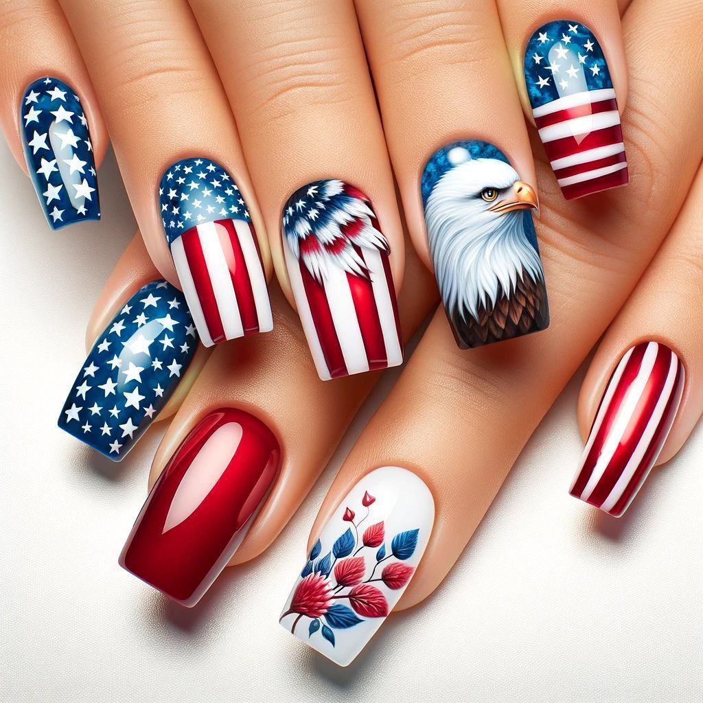 Patriotic Glamour Medium Square Red and Blue Press On Nail Set with Unique Eagle Design