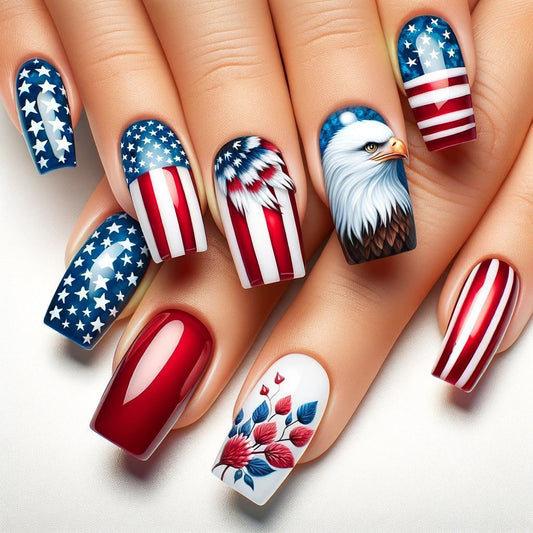 Patriotic Glamour Medium Square Red and Blue Press On Nail Set with Unique Eagle Design