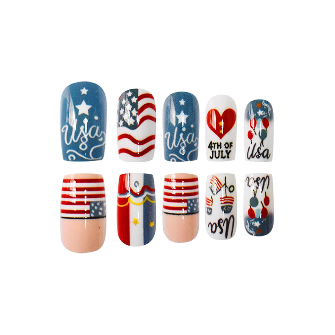 Patriotic Celebration Medium Square Blue Red White with Fourth of July Themed Designs Nail Set