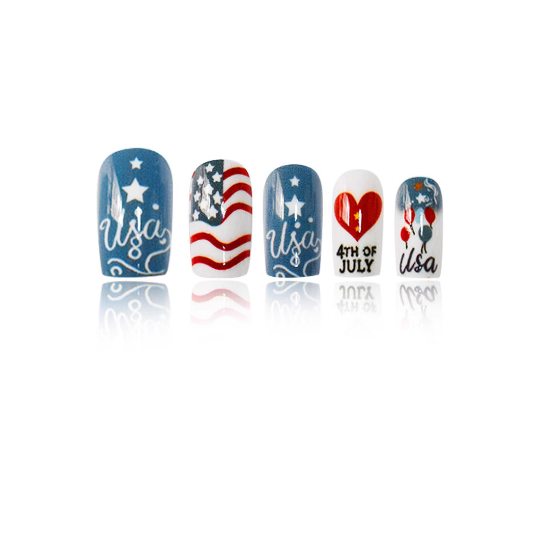 Patriotic Celebration Press On Nail Set Medium Square Blue and Red with Festive Fourth of July Designs