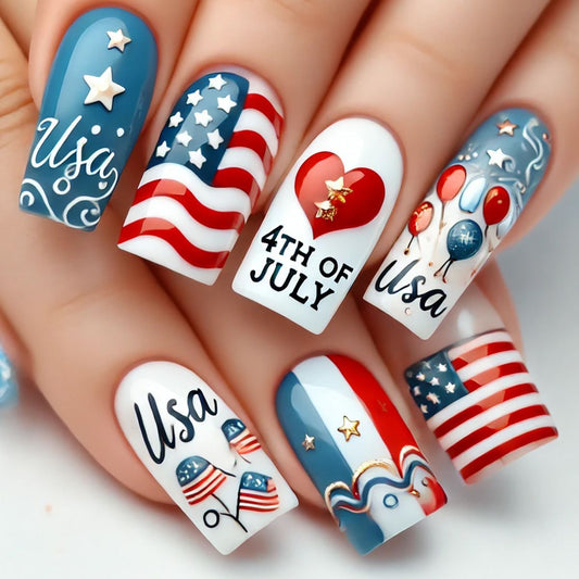 Patriotic Celebration Medium Square Blue and Red Press On Nail Set with Festive Designs and Charming Accessories