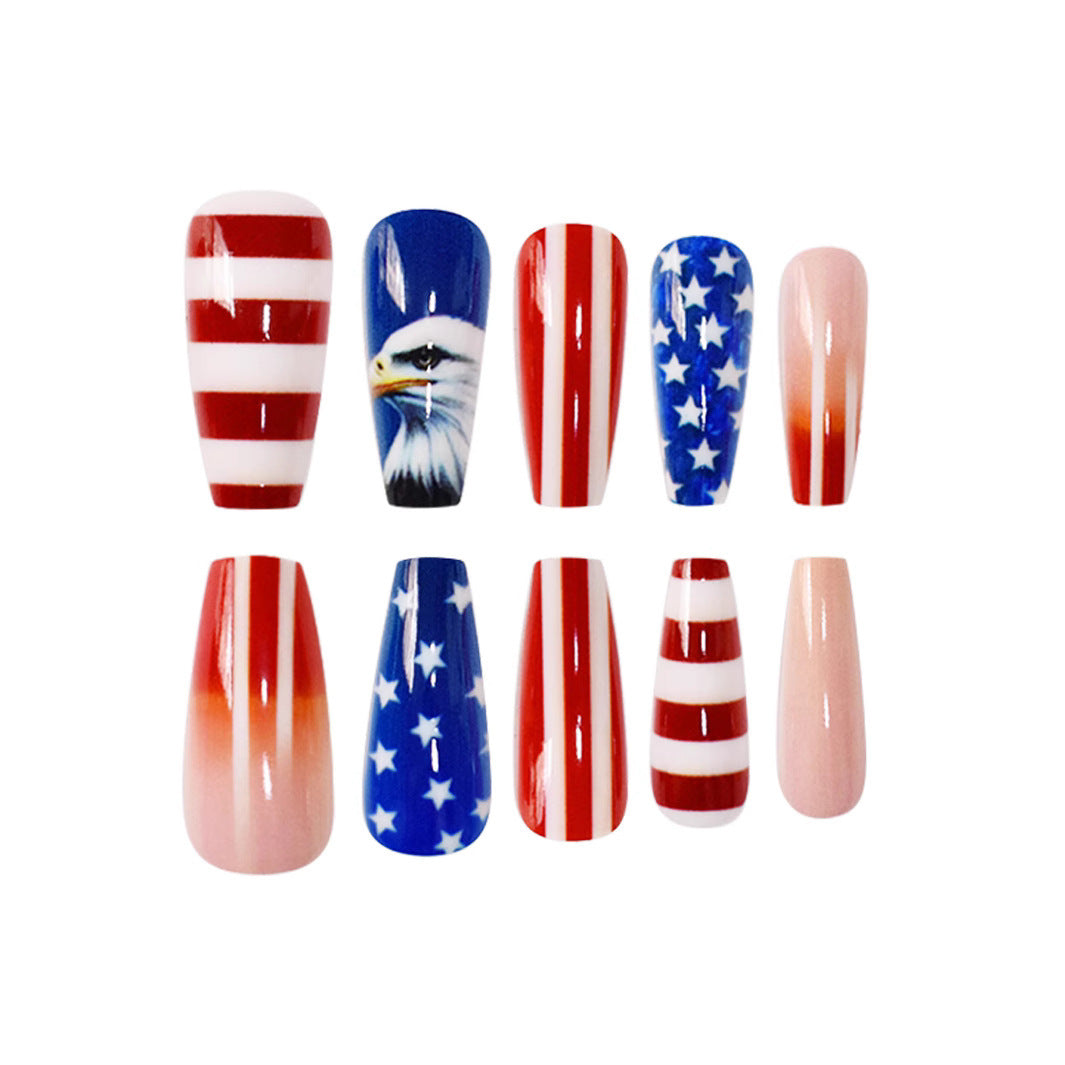 Patriotic Vibes Long Coffin Red and Blue Nail Set with American Flag Design