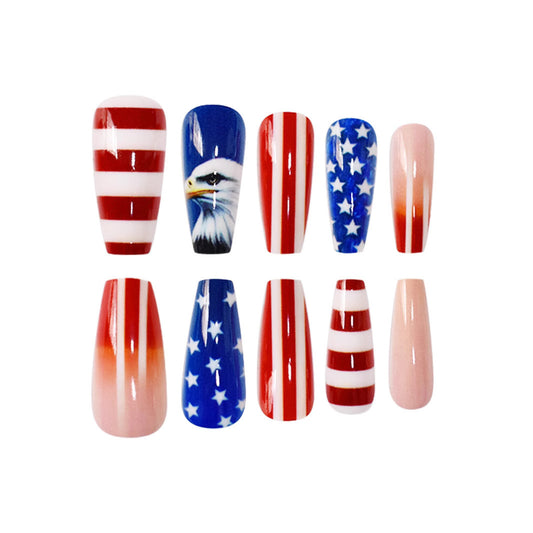 Patriotic Vibes Long Coffin Red and Blue Nail Set with American Flag Design
