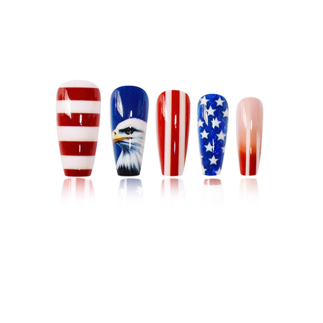 Patriotic Spirit Long Coffin Red and Blue with Stunning Eagle Design Press on Nail Set